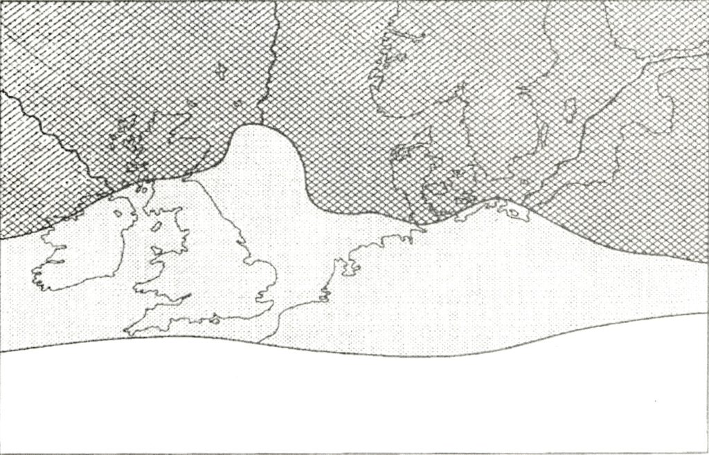 o - Abbildung 08 Nordeuropa im Karbon. Kariert Land punktiert Kustenebenen mit marinen Transgressionen weis Rheia Ozean. Aus McKerrow 1978