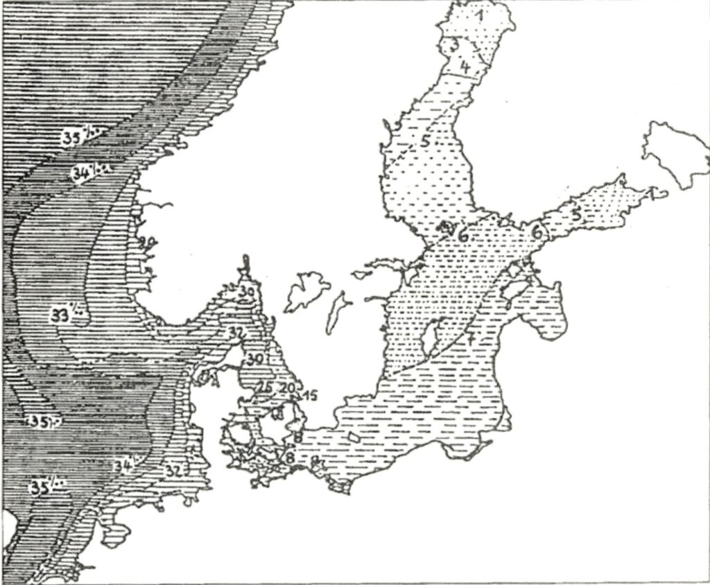 o - Abbildung 13 Salzgehalt in Ost und Nordsee Angaben in Promille. Aus G. Wagner 1960